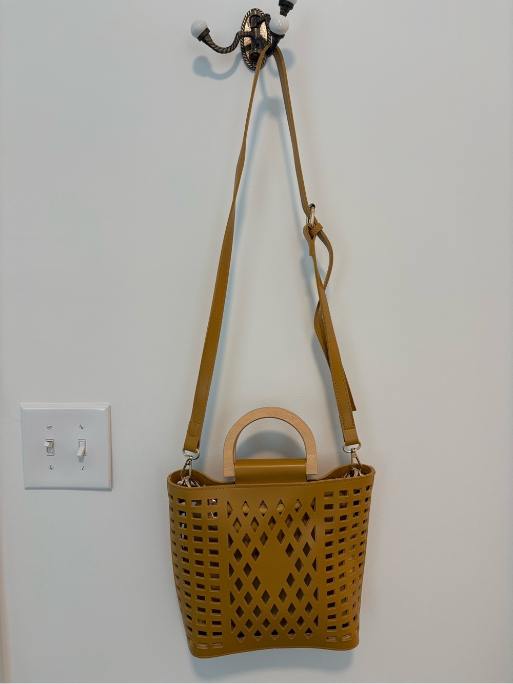 Susan Joy Leather Mustard Cutout Crossbody Bag with Wooden Handle